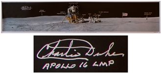 Charlie Duke Signed 40 x 8 Panoramic Photo of the Moon During the Apollo 16 Mission -- Duke Also Handwrites Objects in the Photo Including Fellow Astronaut John Young